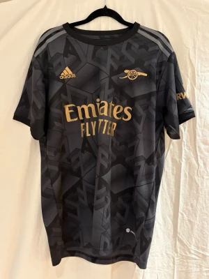 Arsenal borta ställ 22/23 - Säljer en snygg Arsenal tröja från Adidas i mörkgrått och svart med guldiga detaljer och tryck. Tröjan har ett snyggt mönster, broderat klubbmärke och sponsorlogga på bröstet samt Smith Rowe och nummer 10 på ryggen. Perfekt för dig som hejar på Arsenal och vill ha en schysst tröja. 