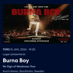 BURNA BOY - Säljer en ståplats för burna boy konserten den 15e Januari! Köptes för 985.