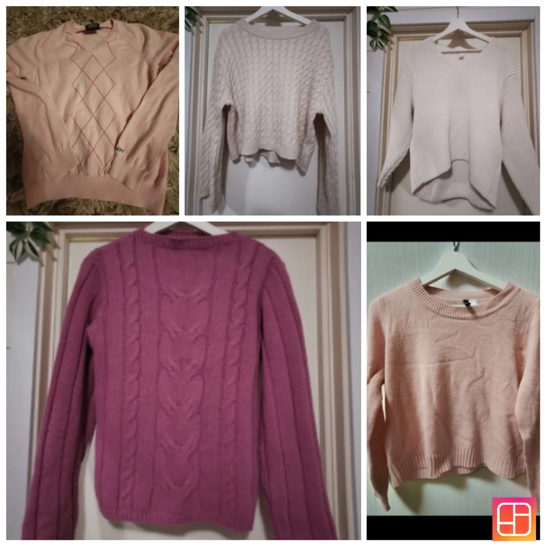 Fem stickade tröjor i rosa och beige