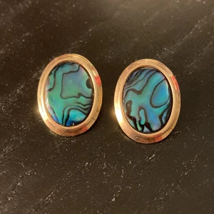 Ovala clipsörhängen med blågrön sten - Säljer ett par snygga ovala clipörhängen med blågrön mönstrad sten i mitten och guldfärgad ram. Stenarna har ett unikt, vågigt mönster som ger coola vibbar och färgskiftningar i blått, grönt och svart. Perfekt för dig som vill sticka ut med accessoarer. So luxurious 🤑
