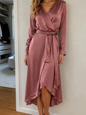 Rosa satin klänning Stl 34 Ny - Klänning i en vacker rosa nyans. Polyestersatin. Klänningen har långa ärmar och knyt i midjan. H&M party collection. Stl 34, passar en small. Ny. Nypris 499:-
