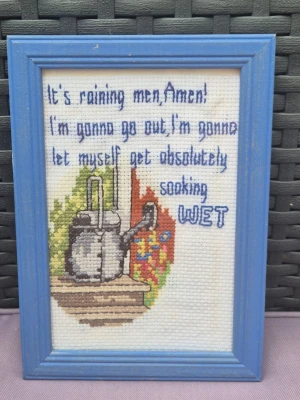 Blå ram med busigt broderi  - Unik broderad tavla med texten 'It's raining men, Amen! I'm gonna go out, I'm gonna let myself get absolutely soaking WET' i blått. Motivet visar en vattenkanna och färgglada detaljer på vitt tyg. Tavlan har en blå träram och passar perfekt som personlig inredningsdetalj.