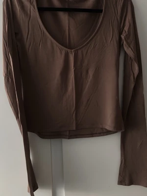 ADSGN topp - Säljer en brun långärmad topp med djup v-ringning från ADSGN. Modellen är figurnära och croppad. Knappt använd, så mycket gott skick! Köpt för 499kr. Tunt och mjukt material som känns skönt mot huden.