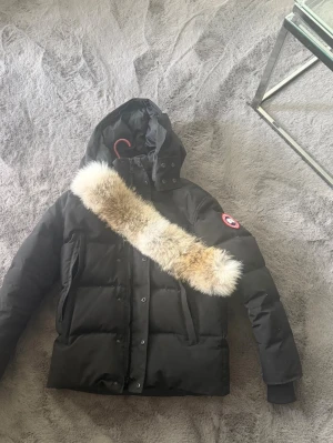  Canada Goose jacka  - Säljer en svart dunjacka från Canada Goose med avtagbar huva och en fluffig pälskrage i naturfärg. Jackan har klassisk logga på ärmen, dragkedja och knappar framtill samt två stora fickor. Perfekt för kalla vinterdagar.