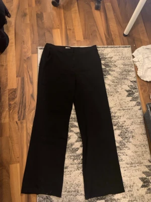 Svarta raka kostymbyxor - Säljer ett par svarta kostymbyxor med rak passform och hög midja. Byxorna har en klassisk look och är sydda i ett mjukt tyg som ger en clean och stilren vibe. Perfekta till en snygg outfit när du vill känna dig extra uppklädd.