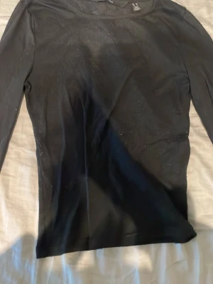 Svart genomskinlig långärmad topp - En enkel svart långärmad topp med rund hals. Modellen är tight och passar perfekt till lager på lager eller som basplagg. Materialet ser ut att vara mjukt och stretchigt, troligen bomull eller en bomullsblandning.