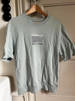 Ljusgrön t-shirt med grafiskt tryck - Snygg ljusgrön t-shirt med coolt grafiskt tryck och texten 'DREAM SCAPE' både fram och bak. T-shirten har ribbad krage och är kortärmad, perfekt för dig som gillar streetwear och vill sticka ut lite extra.