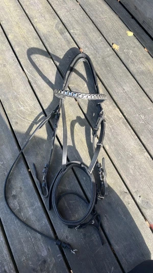 Svart träns med dekorerat pannband - Säljer ett svart träns i läder med ett pannband dekorerat med silverfärgade detaljer. Tränset har flera justerbara spännen och tyglar ingår. Perfekt för dig som vill ha något stilrent till hästen. Storlek full