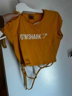 Två croppade Gymshark toppar - Säljer två croppade toppar från Gymshark. Ena är senapsgul med knytband i midjan och tryckt logga fram, den andra är vinröd med logga på ryggen. Båda har korta ärmar och är gjorda i mjuk bomull, perfekta för träning eller chill. Båda tillsammans för 120