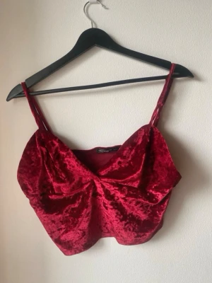 Röd sammetstopp från SHEIN - Snygg croppad topp i röd sammet från SHEIN. Toppen har smala axelband och en twistad detalj framtill som ger en cool look. Perfekt för dig som vill sticka ut med en mjuk och glansig känsla.
