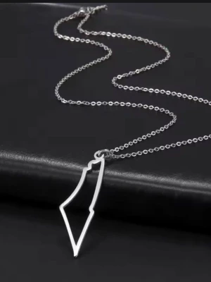 Palestina karta Silverfärgat halsband med unik hängberlock - Snyggt halsband i silverfärg med en tunn kedja och en modern, geometrisk hängberlock i form av en abstrakt siluett. Perfekt för dig som gillar minimalistisk och stilren design. Materialet ser ut att vara metall med blank finish.