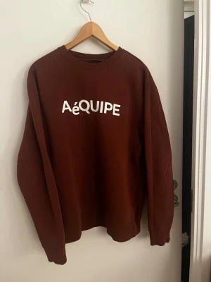 Brun hoodie från H&M med tryck - Snygg brun hoodie från H&M med vitt tryck 'AéQUIPE' på bröstet. Regular fit med rund hals och långa ärmar. Perfekt för en avslappnad och trendig stil. Mjuk insida för extra komfort.