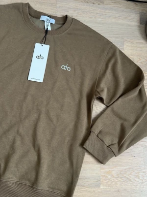 Beige sweatshirt från alo - Snygg beige sweatshirt från alo med broderad logga på bröstet. Tröjan har rund halsringning, ribbade muddar vid ärmslut och nederkant samt en avslappnad passform. Perfekt för en chill och stilren look.