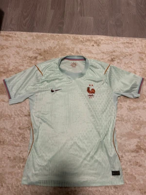 Ljusblå Nike fotbollströja Frankrike - Snygg ljusblå fotbollströja från Nike med Frankrikes landslagsemblem och två stjärnor på bröstet. Tröjan har korta ärmar, V-ringning och tunna ränder i orange längs axlarna samt detaljer i blått, vitt och rött vid ärmsluten.