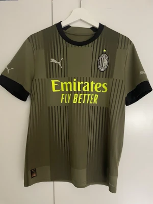 Olivgrön AC Milan matchtröja Puma - Snygg olivgrön AC Milan matchtröja från Puma med svarta detaljer och gula tryck. Tröjan har klubbmärke på bröstet, Puma-loggor och texten 'Emirates Fly Better' framtill. Tillverkad i ett lätt och funktionellt material, perfekt för träning eller match.