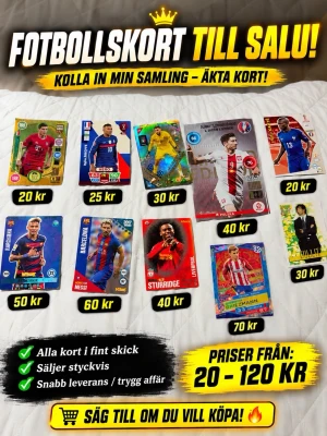 Samling fotbollskort till salu - Säljer en samling fotbollskort med olika spelare från kända lag och landslag. Korten har färgstarka designer och vissa har holografiska effekter. Perfekt för dig som gillar att samla på fotbollskort eller vill byta till dig nya favoriter.om du vill köpa ett eller ett par kort men inte hela samling är det bara att skriva så fixar jag det 