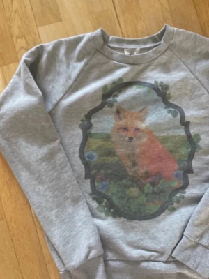 Grå sweatshirt med rävtryck Asos - Säljer en grå sweatshirt med ett stort tryck av en räv i naturmotiv på bröstet. Tröjan har rund halsringning och långa ärmar. Lite nopprig, se bild.