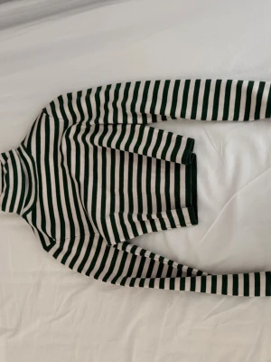 Randig polotröja från Zara - Snygg stickad polotröja från Zara med gröna och vita horisontella ränder. Tröjan har lång ärm och hög krage, perfekt för lager på lager. Materialet är mjukt och stretchigt, vilket gör den bekväm att bära hela dagen.