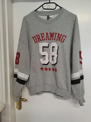 Grå sweatshirt med tryck DREAMING 58 - Cool grå sweatshirt med texten DREAMING och siffran 58 i vitt och rött framtill. Röda siffror även på ärmarna och svarta samt vita ränder runt armarna. Oversized passform och ribbade muddar. Perfekt för en avslappnad streetstyle-look.