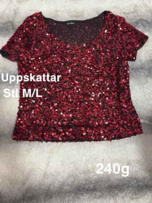 Röd paljett topp med kort ärm - Glittrig röd topp täckt med paljetter, rund halsringning och korta ärmar. Perfekt för dig som vill sticka ut och addera lite extra bling till din outfit. 🌸Fint använt skick. Tvättrådslapp och Storlekslapp är borta. Uppskattar M/L