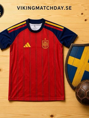 Spaniens röd fotbollströja Adidas - Snygg röd fotbollströja från Adidas med Spaniens landslagsemblem på bröstet. Tröjan har mörkblå ärmar, gula detaljer och klassiska Adidas-ränder på axlarna. Tillverkad i lätt och ventilerande material, perfekt för träning eller match.