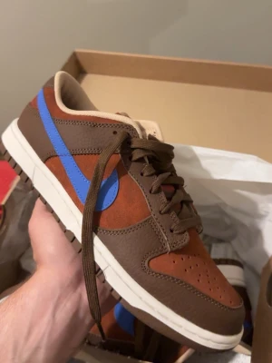 Nike Dunk Low brun/blå sneaker - Snygga Nike Dunk Low sneakers i brunt och rödbrunt läder och mocka med blå swoosh på sidan. Beige innerfoder och klassisk vit sula. Perfekt för dig som vill sticka ut med en unik färgkombo och sportig vibe.