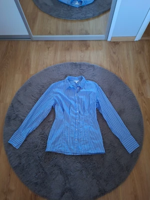 Blåvit randig skjorta från H&M - Säljer en blå skjorta med vita ränder från H&M. Skjortan har lång ärm, klassisk krage och knäppning framtill. Tillverkad i bomull för en skön känsla och snygg passform. Perfekt till jeans eller kjol för en clean look.