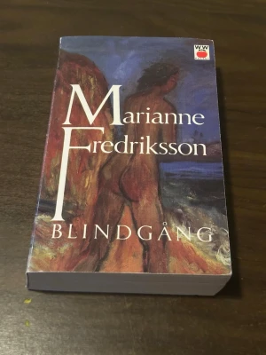 Blindgång av Marianne Fredriksson - Romanen 'Blindgång' av Marianne Fredriksson är en pocketbok med ett konstnärligt omslag i blå, röd och beige ton. Boken ges ut av Wahlström & Widstrand och har ett omslag med motiv av en naken figur vid klippor, inspirerat av Ivan Ivarsons målning.