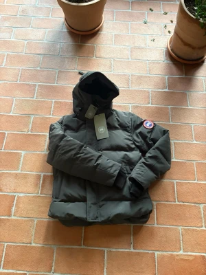 Mörkgrå dunjacka med huva - Snygg mörkgrå dunjacka från Canada Goose med huva och klassisk logotyp på ärmen. Jackan har dragkedja och tryckknappar framtill samt två sidofickor. Perfekt för kalla vinterdagar och riktigt varm tack vare dunfyllningen.