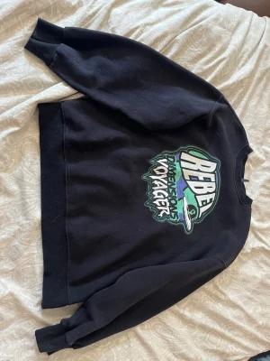 Svart sweatshirt med tryck - Cool svart sweatshirt med stort färgglatt tryck på framsidan där det står 'REBEL DIMENSIONS VOYAGERS' och ett motiv i grönt, blått och vitt. Tröjan har rund hals och långa ärmar. Perfekt för en avslappnad streetwear-look. Ty aldrig använd.🌸