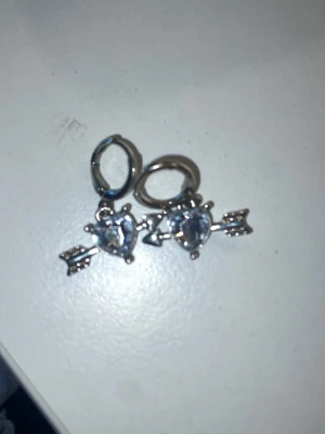Silverörhängen med hjärta och pil - Säljer ett par snygga örhängen i silverfärg med hjärtformade stenar och pil-detaljer. Örhängena har en glittrig look och hängs i små ringar. Perfekta för dig som gillar statement-smycken med romantisk touch.