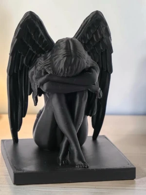 Svart änglastaty i resin - Säljer en svart staty föreställande en sittande ängel med stora vingar och huvudet vilande på armarna. Statyn är gjord i resin och står på en fyrkantig bas. Perfekt som dekoration i hemmet för en mystisk och konstnärlig känsla.