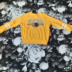 Gina tricot crewneck - Säljes för att den inte används! Den är från början från Gina tricot. Som visat på den 3e bilden så finns det hål men dom ska vara så. Den är i begangnat skick och har använts. Utöver hålen som ska finnas där finns inga skavanker. Trycket är i bra skick. Frakten är inte gratis utan förhandlas fram. Kolla mina villkor i min bio först. Vid funderingar hör av dig!