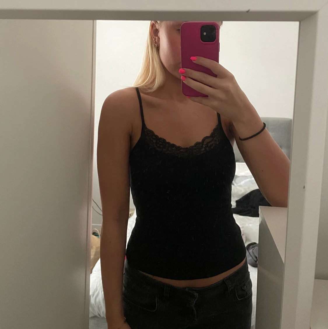 Svart linne med spets XS