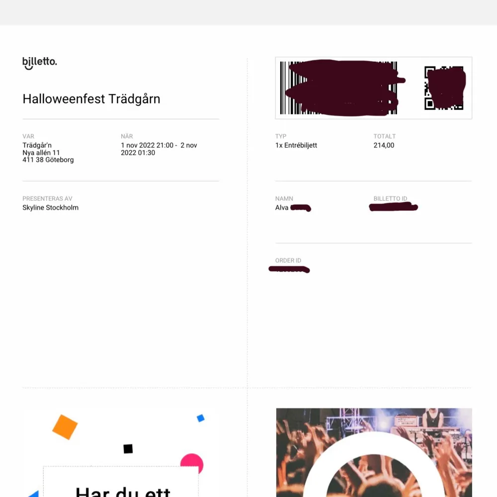 Säljer en biljett till Skyline club Halloweenfest på Trädgårn den 1 November  för 2006-2004 då jag har fått förhinder! Jag skickar biljetten via mejl till dig så swishar du mig. Hör av dig vid frågor🫶. Övrigt.