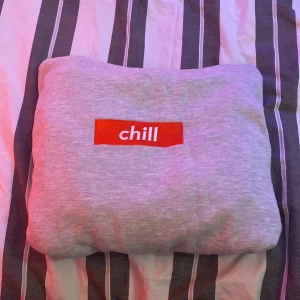 Hoodie - En grå basic hoodie med chill tryck på, storlek XS  Den saknar snören tyvärr och färgen på dom där små ringarna till snöret har gått bort lite ( se bild ) annars fint skick trotts den är mycket använd Hör av dej vid frågor, fler bilder eller intresse🥰