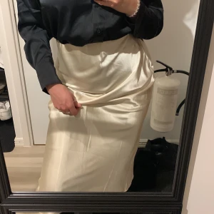 Beige/guldig satinkjol - Fin till stickat i höst. Beställde fel storlek därför har den aldrig kommit till användning. Passar L/XL. Resår i midjan.