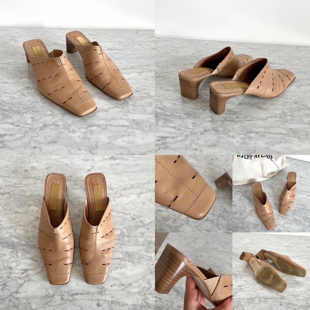 Vintage 90s 00s Y2K real leather heeled square toe mules in light beige / tan  Few marks and scratches, but nothing major. Cleaned. Label: 37, fit true to size in my opinion. Heels: ca 5,5 cm. No returns.. Skor.
