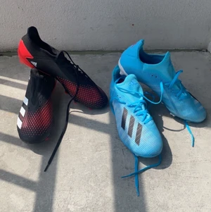 Adidas fotbollsskor -  Adidas X blå: Väldigt fint skick, syns dock lite smuts på sidan men har använt de 2ggr Pris: 800kr  Adidas Predator Svart röd: Ser ut som nya, finns skosnöre för båda Pris: 800kr  Båda fotbollsskorna är i storlek: 45 men passar bra för de med storlek 44 