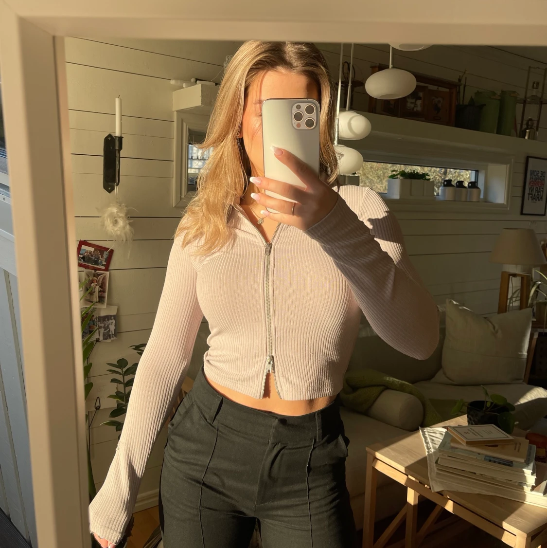 Tröja med dragkedja, beige 