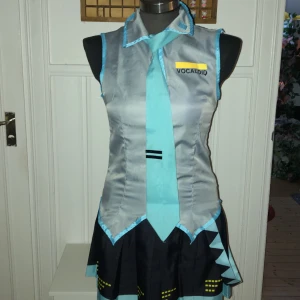 Miku cosplay  - Knappt använd. Ena strumpan är lite trasig i sömmen så man kan inte få upp den hela vägen men annars är den i bra kvalite. Utan peruk
