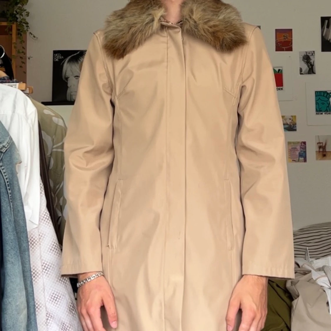 Beige jacket with faux fur collar