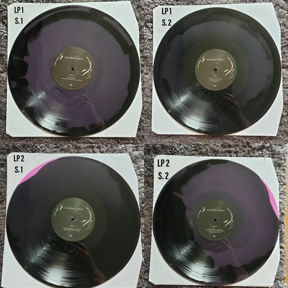 SÄNKT PRIS - Dangerous woman vinyl, purple + black limited edition.  Öppnad, men med skyddsplasten kvar över fodralet. Skivorna är aldrig spelade.. Övrigt.
