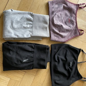 2 Gymshark-set  - Säljer dessa 2 fina set från Gymshark! Flex Highwasted leggins i färgen svart: Storlek XS. Vital seemless i en ljusgrå färg: Storlek XS. 2 Sport-bh:ar i svart och mauve-lila/rosa: Storlek S. Köparen står för frakten📦