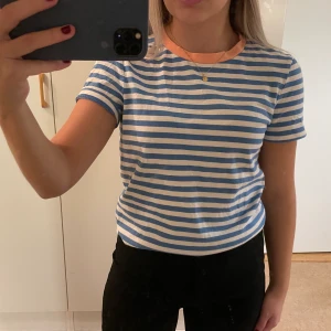 Randig t-shirt från & Other stories❤️‍🔥❤️‍🔥 - Blå vit randig t-shirt me rosa krage ifrån &other stories, använd typ 1 gång så bra skick❤️‍🔥❤️‍🔥(kragen är mer rosa i verkligheten)