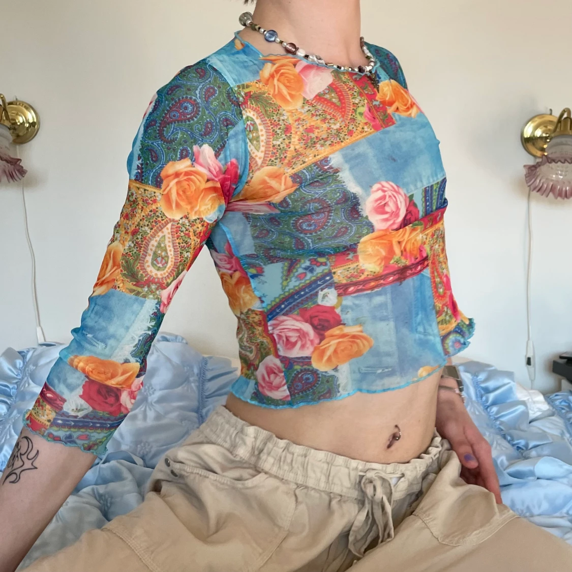 Vintage färgglad mesh topp trekvarts