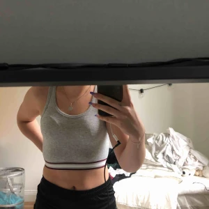  - Grå croptop med vinrött/vitt band där nere. 