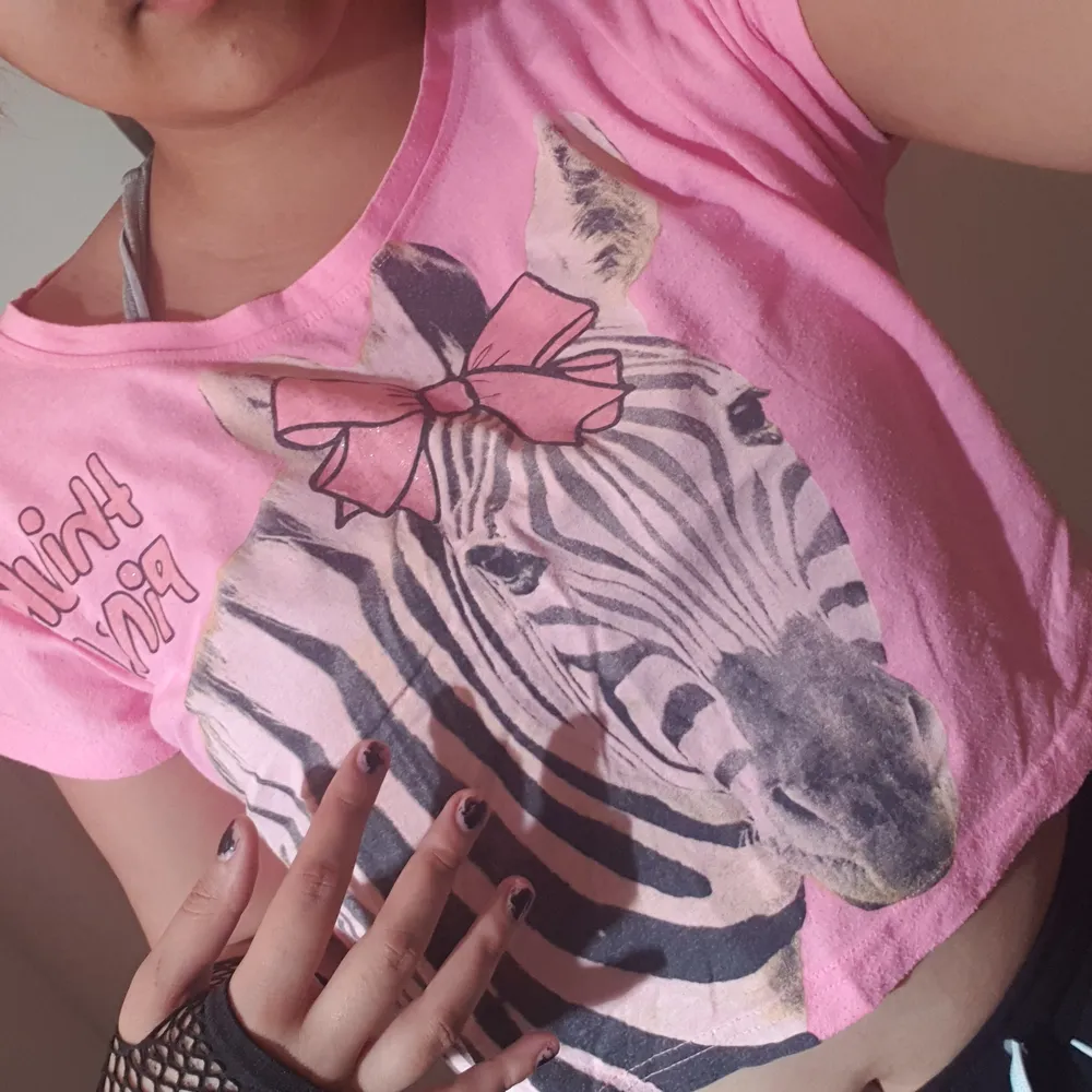 Rosa magtröja med zebra som motiv. Ger lite av en y2k känsla. Bara använt en fåtal gånger. Lite nopprig men syns inte när man har på sig den. Skön och lätt material 💓 priset är inklusiv frakt💓💓. T-shirts.