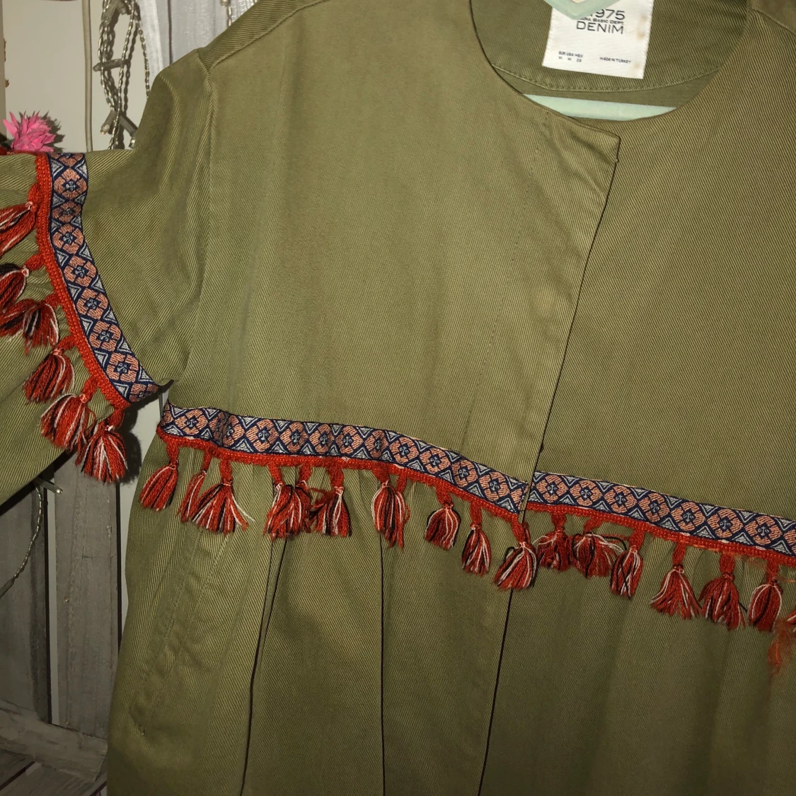 Grön jeansjacka med fransar - Zara, strl M - 90