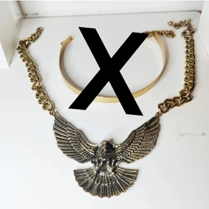 Halsband med örn-motiv & en choker - Två olika halsband, det ena har motiv av en örn i silver med lite slitage på silverfärgen (se bilden) och en kedja i guldfärg. Det andra är en choker I guldfärg. 1 för 15kr, frakt 22kr🥰 ÖVERSTA SÅLD